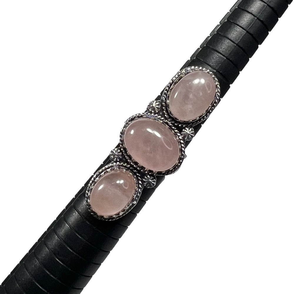 Rose Quartz 925 Triple Stone Gemstone Silver Ring 7.5